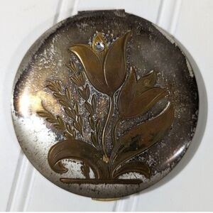 Vintage Zell Compact Art Deco Mirror Puff Powder Floral Lilly 1950s Pocket Z